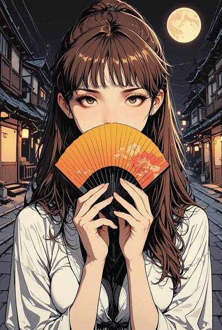 masterpiece, best quality, good quality, very aesthetic, absurdres, newest, 8K, focused subject, close up, detailed_eyes, sexy, detailed, hyper-detailed, detailed, 
BREAK, white robes, chinese fan, (covering mouth:1.3), petite body, medium breasts, pale skin, brown_eyes, brown_hair, ponytail,
BREAK, confident expression, sexy pose, bedroom_eyes, 
BREAK, solo, detailed_background, dark background, japanese suburb, alleyway, japanese houses, street, moon, looking at viewer, <lora:ck-neon-retrowave-IL-000012:0.8> <lora:ck-Ncore-anime-IL-000012:0.6> <lora:ck-shadow-circuit-IL-000012:0.75> <lora:MoriiMee_Gothic_Niji_Style_Illustrious_r1:0.45>