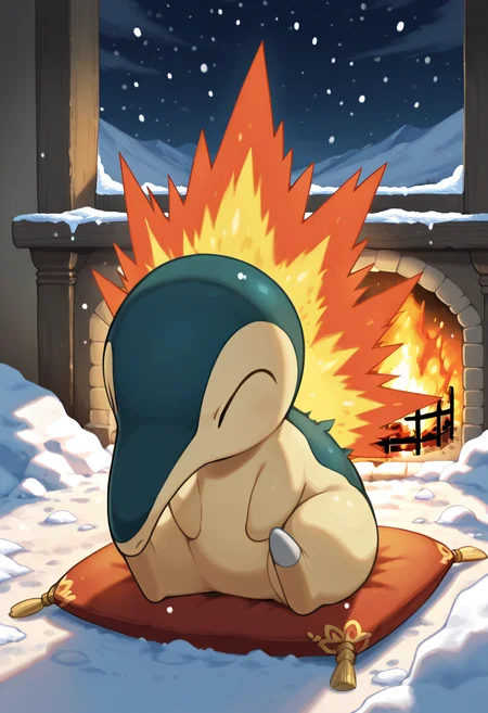 masterpiece, best quality, no humans, solo, zzCyndaquil, sitting in fireplace, snow, ice, artic, ,<lora:CyndaquilPokedex_IXL:1.0>,