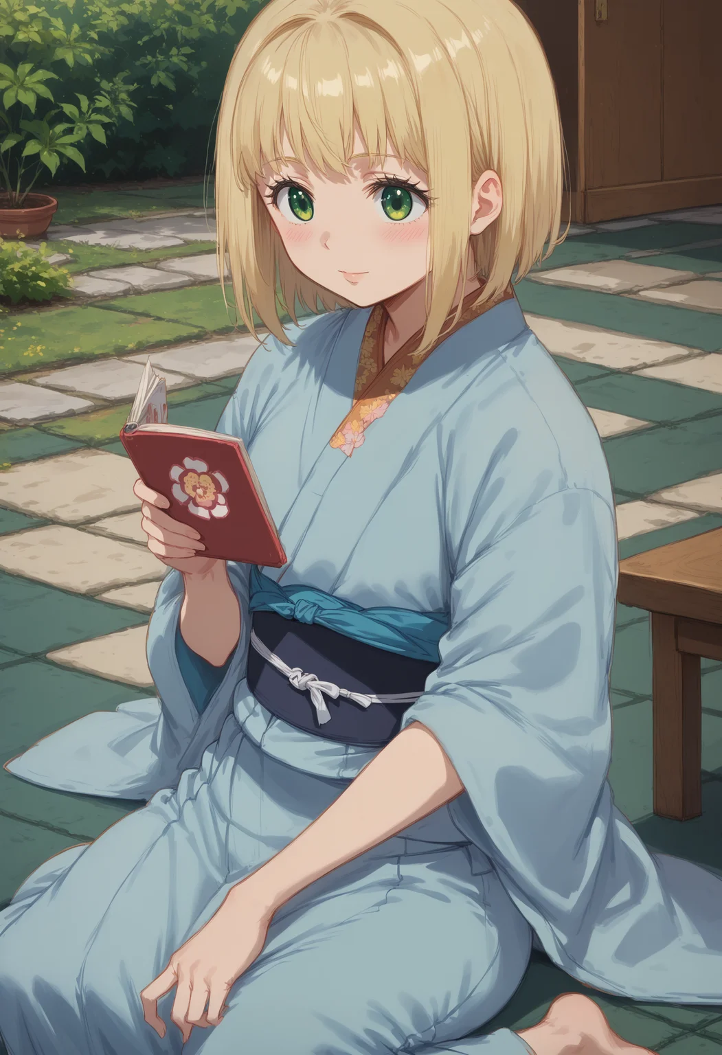 score_9, score_8_up, score_7_up, highres, 18yo, high res image, source_anime, masterpiece, 1girl, solo, detailed face, detailed eyes, eyes half open, <lora:MoriyamaShiemi:1>, moriyamashiemi, shiemi, blonde hair, short hair, blunt bangs, green eyes, blush, yukata, sitting, japanese house, tatami floor, beautifull garden outside,