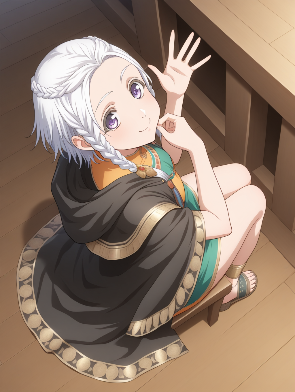 perfect quality,best quality,absolutely eye-catching,ambient occlusion,raytracing BREAK
1girl,<lora:amina IL v1.1:0.8>,amina,braid,white hair,black cloak,dress,sandals,national costume,, from above, looking at viewer,bust,arched_back,cheek_pull,waving_arms,sitting,