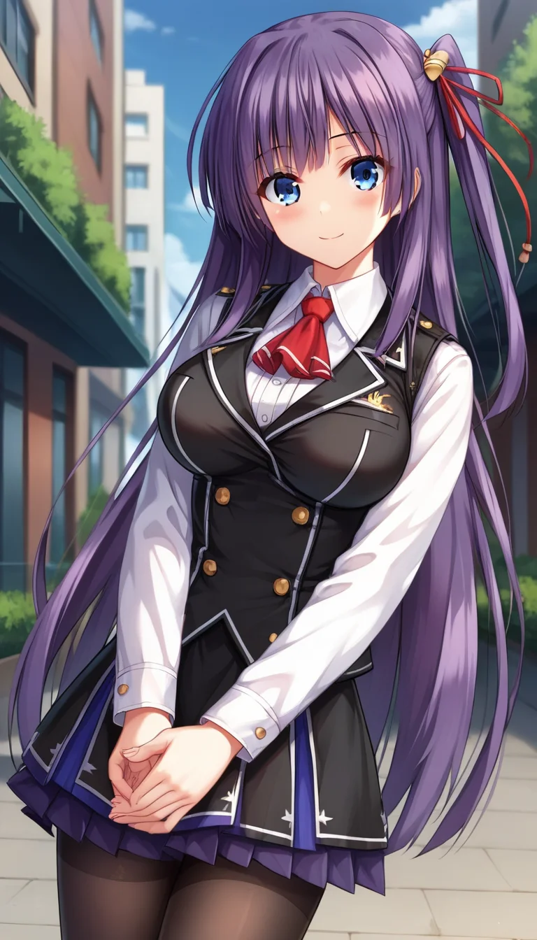 score_9,score_8_up,masterpiece,best quality,correct anatomy,anime_source,1girl,solo,perfect eyes,perfect arms,perfect legs,perfect face,outdoors,upper body,(portrait:1.5),looking at viewer,facing viewer,smile,blush,Toujou Amane,very long hair,purple hair,hair ornament,hair ribbon,red ribbon,one side up,sidelocks,bangs,blue eyes,uniform,red ascot,black vest,white shirt,collared shirt,long sleeves shirt,large breasts,black thighhighs,miniskirt,black skirt,frilled skirt,pleated skirt,black pantyhose,loafers,black footwear,<lora:Toujou Amane(uq)-Pony:1.2>,