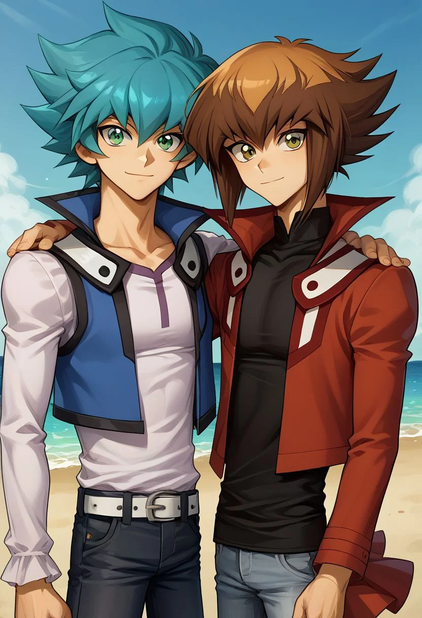 score_9, score_8_up, source_anime, highly detailed, 2boys, skinny
jesse, 1boy, male focus, green eyes, duel academy uniform (yu-gi-oh! gx), upper body, spiked hair, looking at viewer, aqua hair, collarbone, hair between eyes, BREAK
jaden, 1boy, male focus, brown hair, brown eyes, duel academy uniform (yu-gi-oh! gx), jacket, black shirt, red jacket, shirt, pants, multicolored hair, two-tone hair, open clothes, skinny,
outdoor, side by side, hand on other's shoulder, posing for a photo, smile, closed mouth,