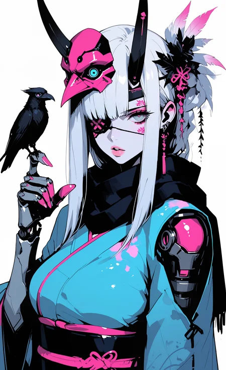 masterpiece, best quality, amazing quality, highres, 1girl, solo, long hair, breasts, looking at viewer, blue eyes, simple background, hair ornament, white background, jewelry, medium breasts, upper body, white hair, earrings, parted lips, horns, japanese clothes, kimono, scarf, grey eyes, lips, tattoo, mask, bird, eyepatch, feathers, pink nails, science fiction, one eye covered, oni, blue kimono, mask on head, mechanical arms, cyborg, prosthesis, single mechanical arm, robot joints, crow, prosthetic arm, mechanical parts, cyberpunk, bird on hand, mechanical hands, artificial eye, mechanical eye, GTHAN, glowing, xxx667_illu, <lora:illustriousXL_stabilizer_v1.23:0.3> <lora:NOOB_vp1_detailer_by_volnovik_v1:0.3> <lora:ponyv6_noobE11_2_adamW-000017:0.45> <lora:XXX667:0.5> <lora:GTHAN-IL:0.8>
