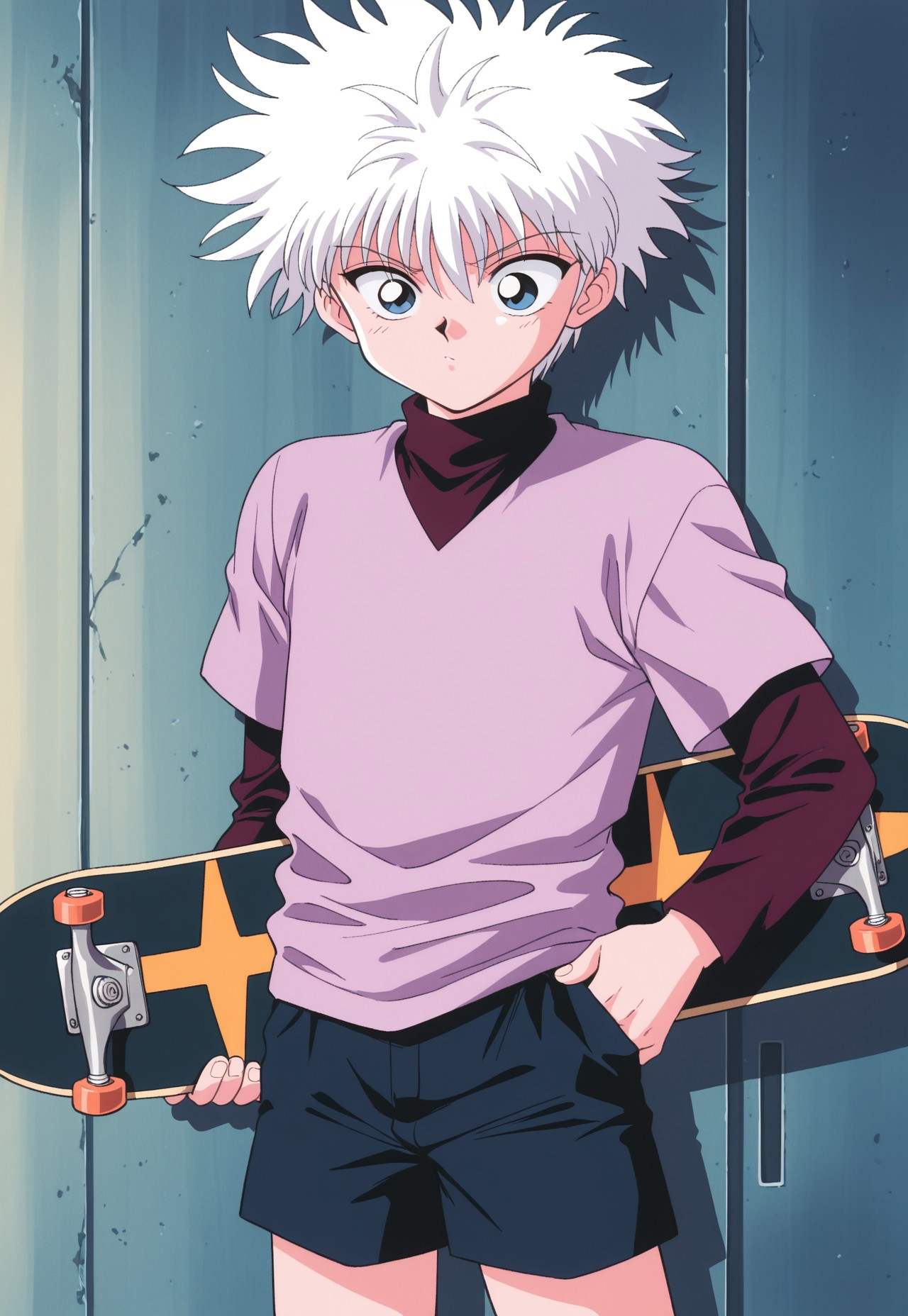 masterpiece,best quality,amazing quality, source_anime, retro_artstyle,

KiruaZorudikku, 1boy, male focus, solo, blue eyes, white hair, red shirt, turtleneck, purple shirt, short over long sleeves, blue shorts, skateboard,
