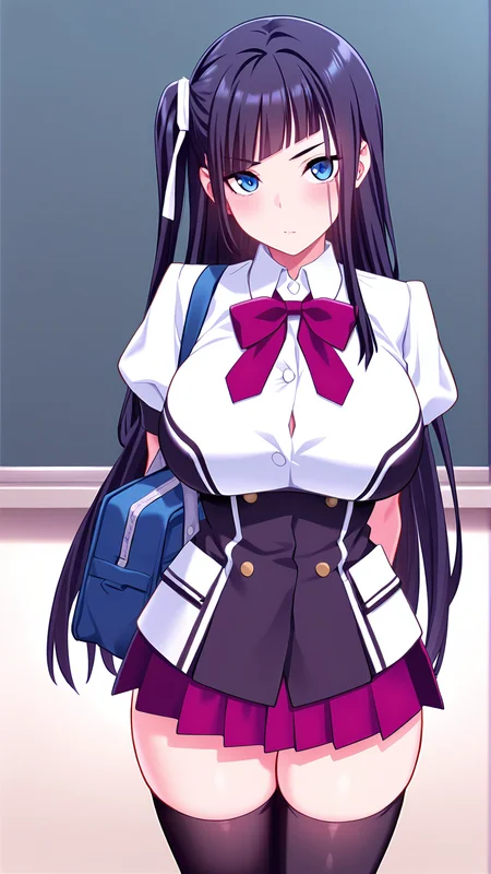 amazing quality,absurdres,best quality,masterpiece,highres,newest,detailed,detailed body,detailed face,masterpiece,best quality,solo,
katabutsu,1girl,solo,long hair,thighhighs,blue eyes,black hair,school uniform,pleated skirt,black thighhighs,zettai ryouiki,ribbon,<lora:katabutu:0.8>,