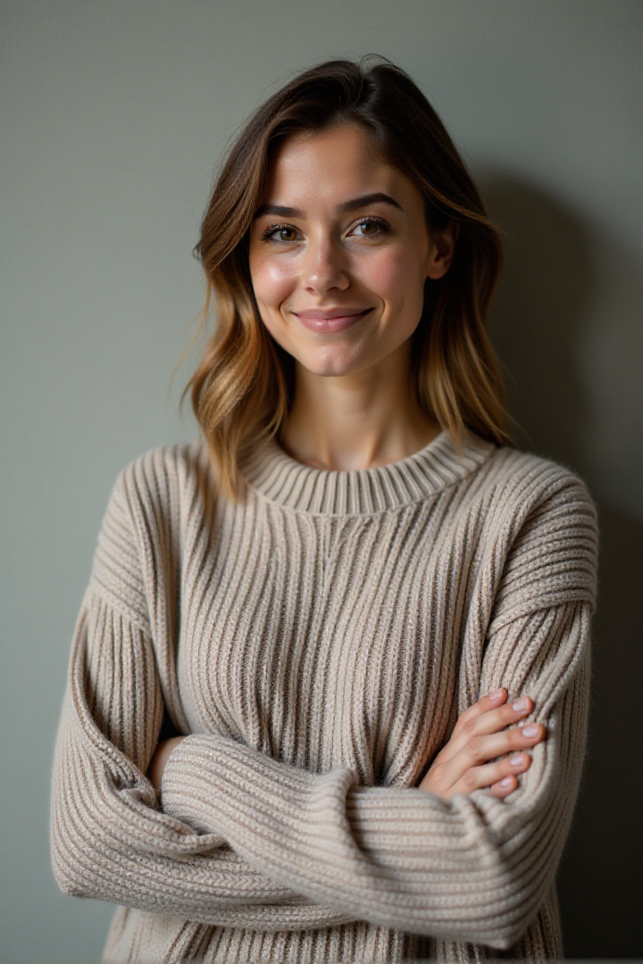 Eye Level Photo of a woman dressed in a sweater standing against a wallâââ