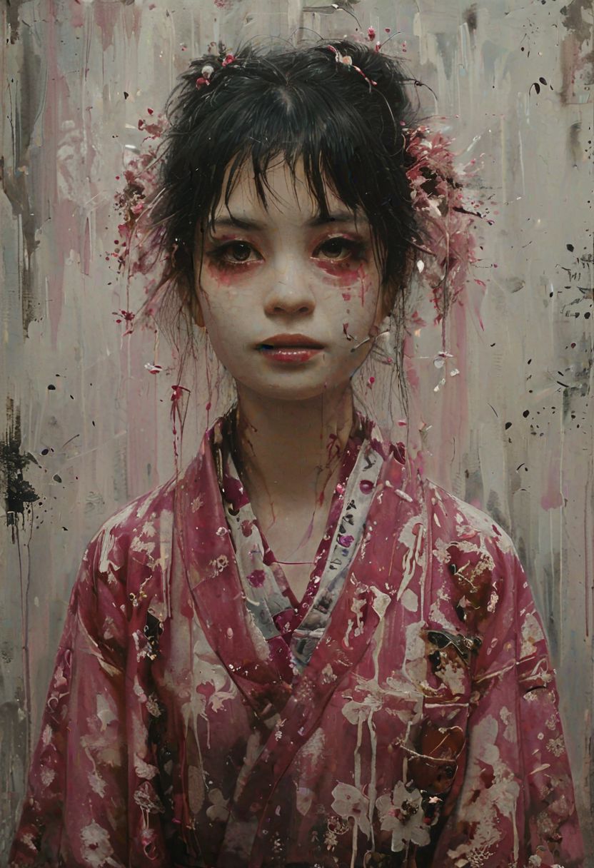 a young woman with a pink and white kimono