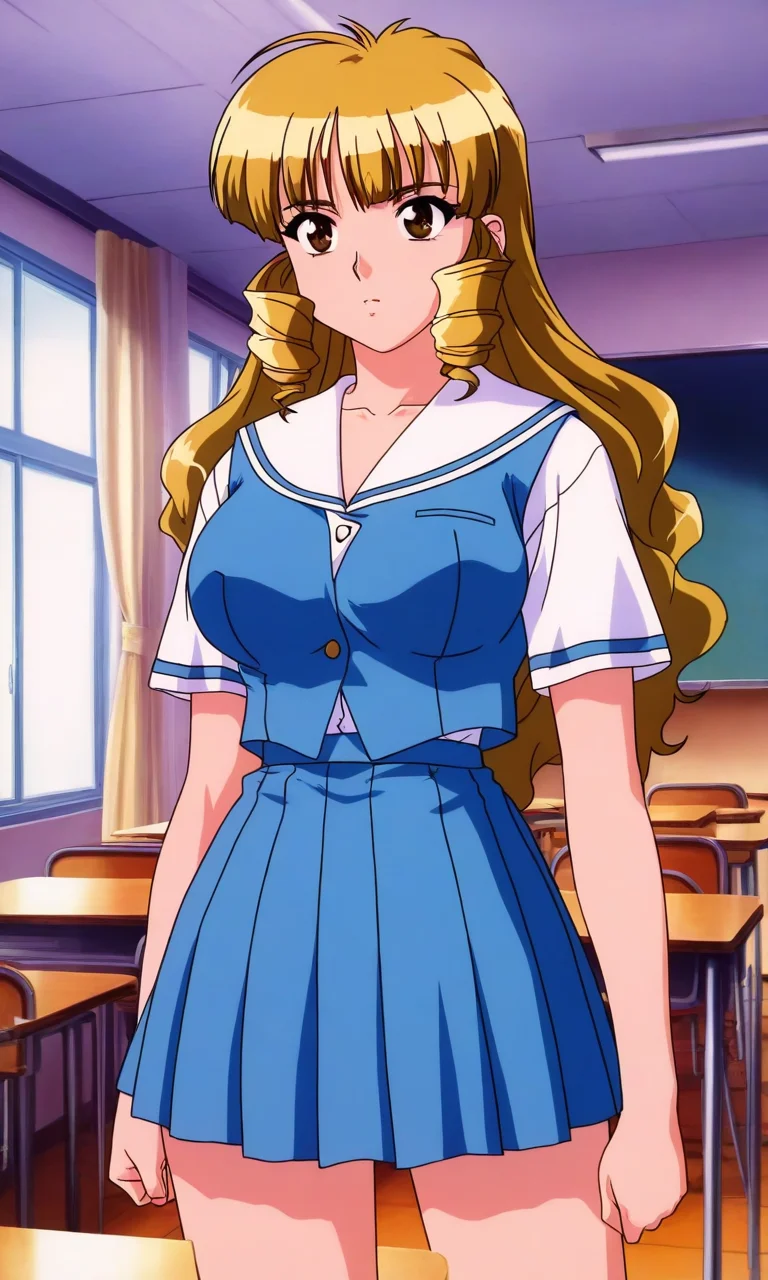 general,highres, ultra-detailed,very aesthetic,best quality ,best hands, BREAK <lora:Shimazu_Mio_YU-NO_OVA_IS:1>Shimazu_Mio(OVA), 1girl, solo, blonde hair, drill sidelocks, long hair, large breasts, brown eyes,
light blue school uniform, blue skirt, brown hair, pleated skirt, short sleeves, cowboy shot, standing, blue skirt, arms at sides, collarbone, light blue vest,
indoor, school room,