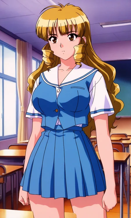 general,highres, ultra-detailed,very aesthetic,best quality ,best hands, BREAK <lora:Shimazu_Mio_YU-NO_OVA_IS:1>Shimazu_Mio(OVA), 1girl, solo, blonde hair, drill sidelocks, long hair, large breasts, brown eyes,
light blue school uniform, blue skirt, brown hair, pleated skirt, short sleeves, cowboy shot, standing, blue skirt, arms at sides, collarbone, light blue vest,
indoor, school room,