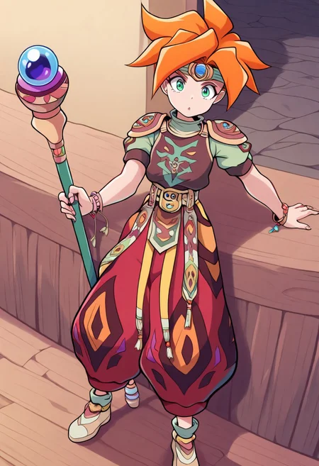 masterpiece, best quality, amazing quality, very aesthetic, absurdres, newest, terranigmark, spiky orange hair, pauldrons with faces, jeweled headband, print shirt, green sleeves, bracelets, belt with dangling straps, red baggy pants, shoes, holding staff