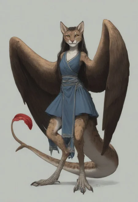 [creature name: Palagiri]
1 person, harpy, ((no arms, wings only)):1.6, androgynous, flat chest, no breasts, anthro, ((long hair)), ((long toes, nimble toes, handfeet)):1.4,, dynamic pose, detailed face, fully clothed, pelvic curtain skirt, feline features, feline nose, feline ears, ((thick tail, tapering tail, feather tipped tail)), harpy:1.2, large wings, digitigrade legs, rating: safe
