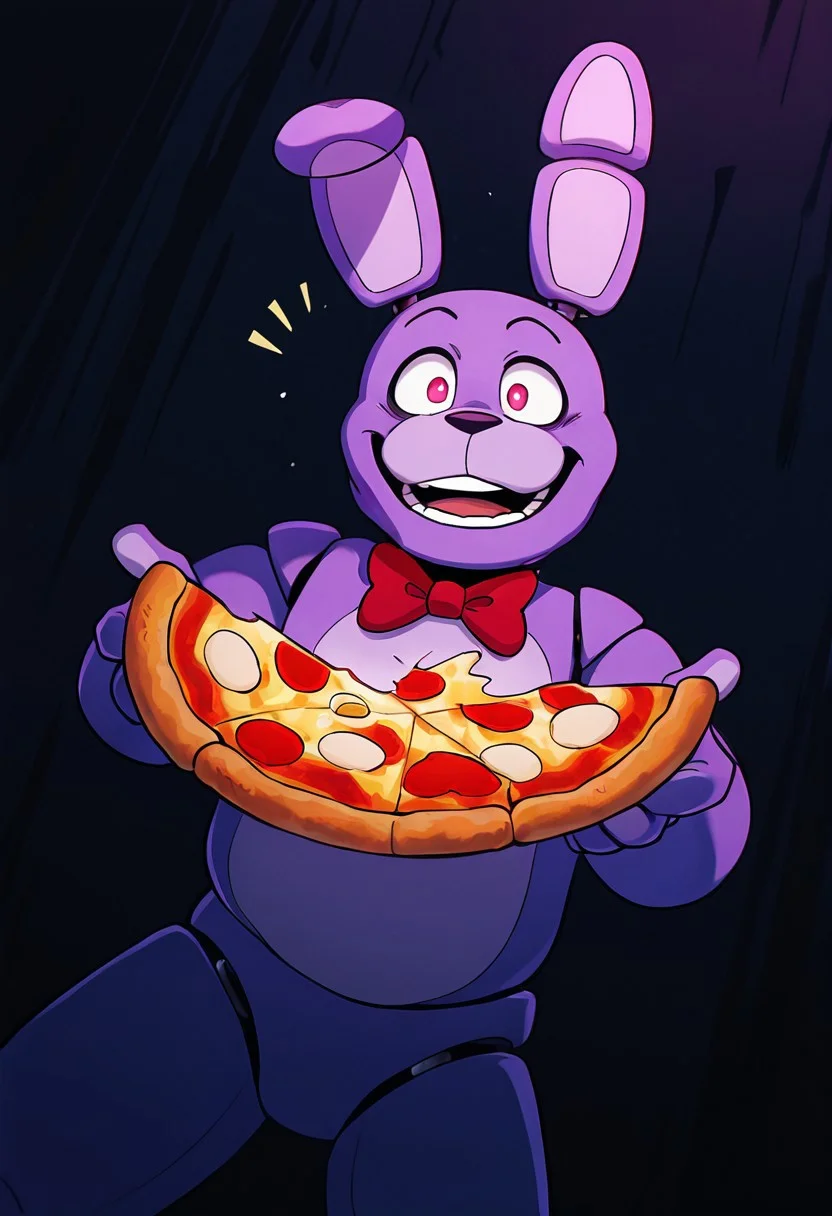 masterpiece, best quality, amazing quality, very aesthetic, absurdres, newest, detailed background,
cartoon, screencap,
bonnie, rabbit ears, red bowtie,, 1boy, joints, animatronic
smile, teeth, dynamic pose, dynamic angle, dark background, holding pizza, stretchy pizza, open mouth,