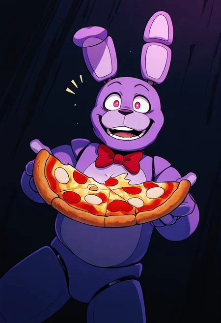 masterpiece, best quality, amazing quality, very aesthetic, absurdres, newest, detailed background,
cartoon, screencap,
bonnie, rabbit ears, red bowtie,, 1boy, joints, animatronic
smile, teeth, dynamic pose, dynamic angle, dark background, holding pizza, stretchy pizza, open mouth,