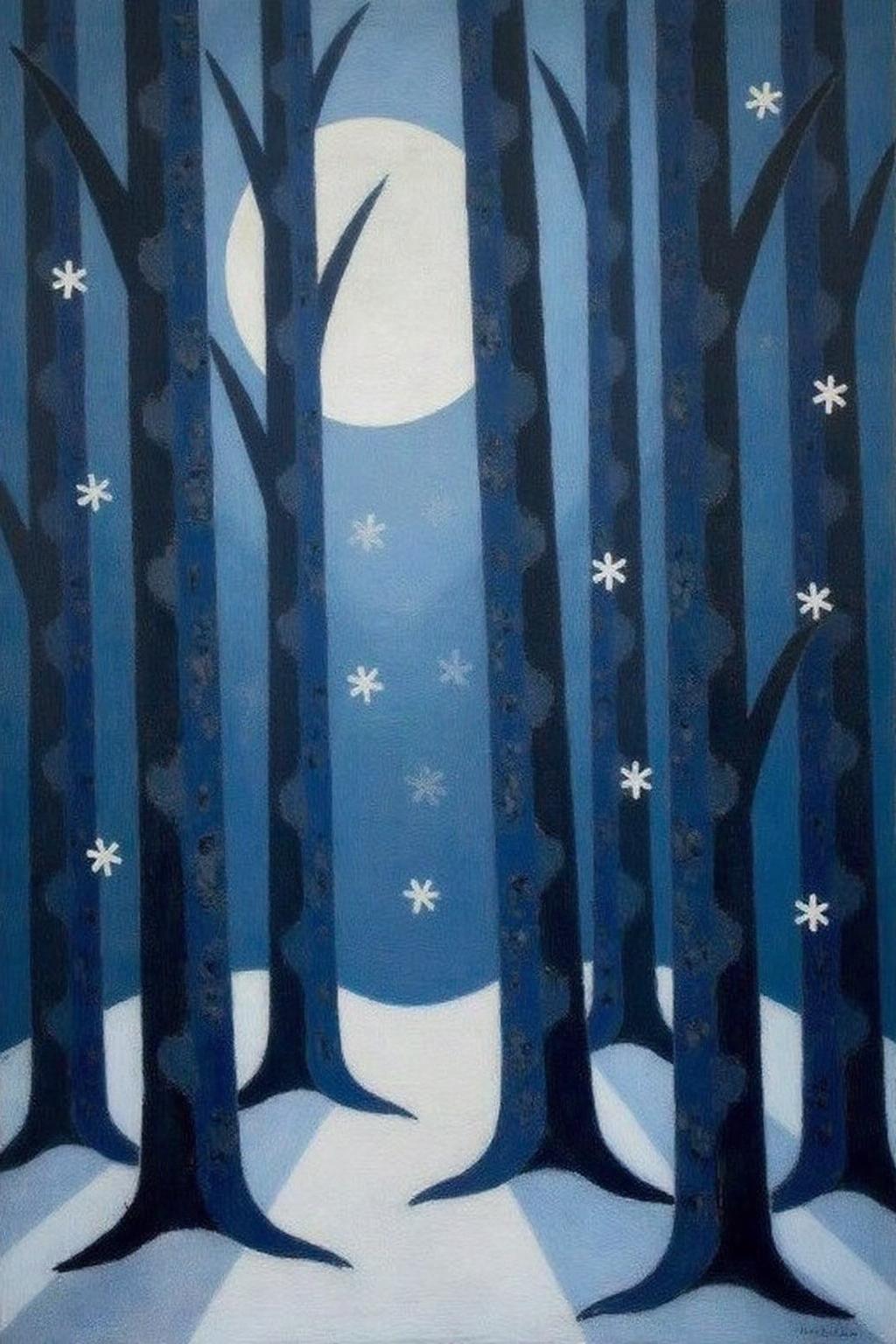 malau1 painting .
mawo1 painting.
A painting of a winter night scene in a forest. The artwork features a stylized, minimalist representation of tall, slender tree trunks with textured bark, predominantly in shades of dark blue and navy. The trees are arranged vertically, creating a sense of depth and density. Their bark is depicted with small, evenly spaced, dark spots, giving them a unique, almost quilted appearance. There is a full moon behind the trees. Large snow flakes are falling.
  <lora:malau1_cap_d6a3e12:1.0><lora:825106781698065735:0>