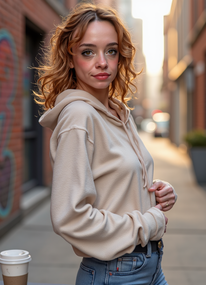 SFW, brightly lit, aidmaimageupgrader, A hyperrealistic close-up portrait of a woman wearing a soft, oversized hoodie and fitted high-waisted jeans, standing in an urban alleyway with warm golden sunlight filtering between the buildings. Her long, slightly tousled blonde hair falls naturally over her shoulders, a few strands catching the light. Her soft brown eyes are filled with quiet confidence, and her lips are curved into a faint, knowing smirk. She casually tugs at the edge of her hoodie sleeve, her relaxed posture enhancing her laid-back beauty. The blurred background features brick buildings with graffiti art, a coffee cup resting on a ledge nearby, and the faint outline of a bustling city in the distance. Ultra-detailed fabric textures, extreme realism in skin and hair, soft cinematic lighting enhancing depth and atmosphere.<lora:pony\Letha_Weapons_Pony_-_Adult_Actress_and_Model.safetensors:1.0:1.0> <lora:flux\custom\personal\emmy-speens.safetensors:1.0:1.0> <lora:turbo-8-step-flux.safetensors:0.5:0.5> <lora:flux\style\Common\aidmaImageUprader-FLUX-v0.3.safetensors:0.25:0.25>