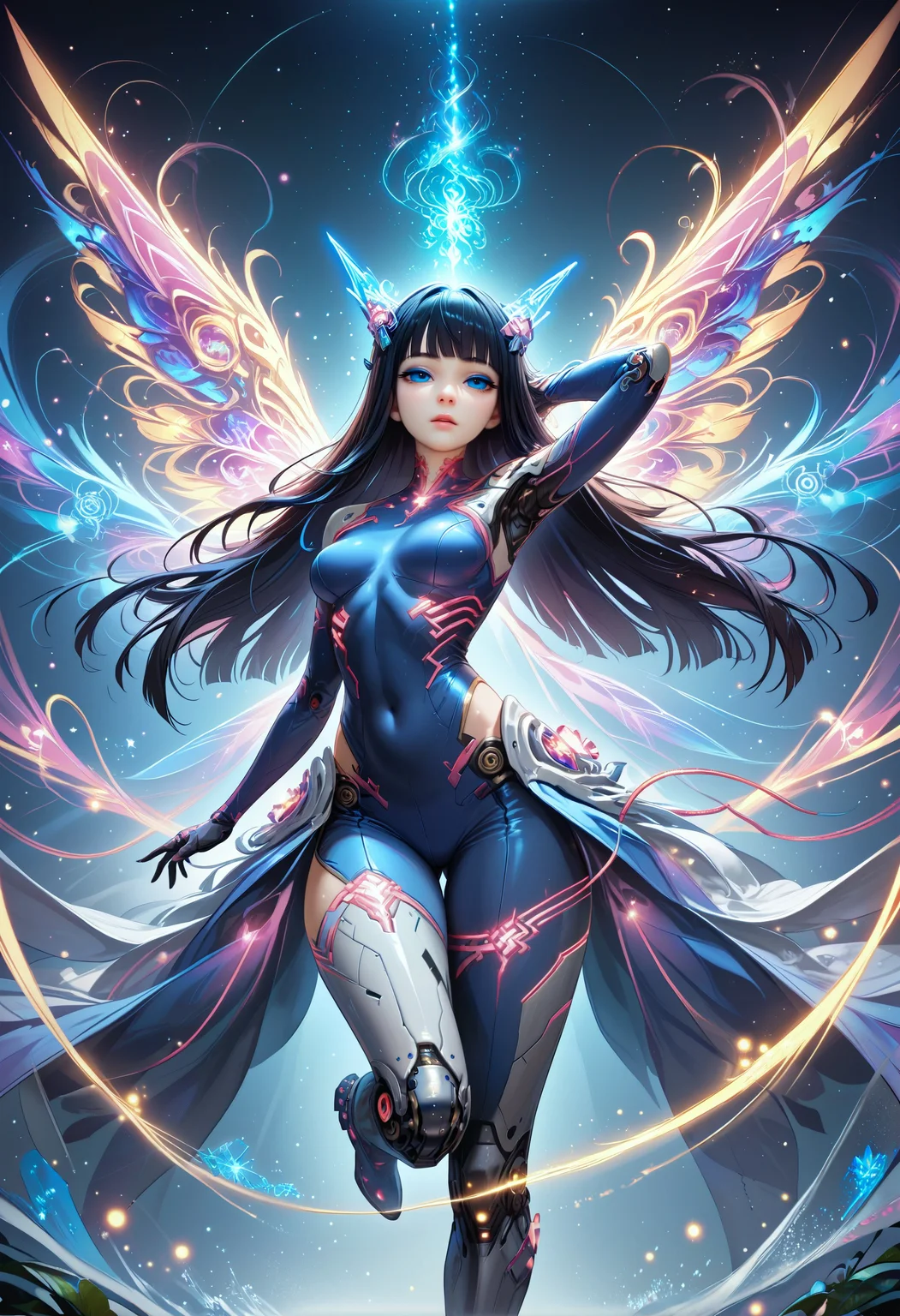 Score_9, score_8_up, score_7_up, score_6_up, score_5_up, score_4_up, source_anime, himari, Black hair, long hair, black eyes, 1girl, bangs, lumina, mystical, multicolored, glowing, magic swirling, glowing magical energy, flower, bloom, wisps, plants, fantasy setting, overgrown city, mechanical parts, cable, female, humanoid robot, cyberpunk, cyborg, joints, mechanical arms, glowing eyes, mechanical legs, robot, magic flowing, magical binding, flowing through body, glowing podyparts, dynamic pose, arm up, grabing cable, skintight clothes, bodysuit, floating, mid air, , black eyes, blue eyes, mixing colors, mechanical wings, energy wings, half closed eyes, <lora:Himari:0.6> <lora:Expressive_H:0.7>Expressiveh <lora:Selftrained\Lumina_Mystica:0.7>