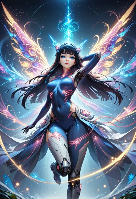 Score_9, score_8_up, score_7_up, score_6_up, score_5_up, score_4_up, source_anime, himari, Black hair, long hair, black eyes, 1girl, bangs, lumina, mystical, multicolored, glowing, magic swirling, glowing magical energy, flower, bloom, wisps, plants, fantasy setting, overgrown city, mechanical parts, cable, female, humanoid robot, cyberpunk, cyborg, joints, mechanical arms, glowing eyes, mechanical legs, robot, magic flowing, magical binding, flowing through body, glowing podyparts, dynamic pose, arm up, grabing cable, skintight clothes, bodysuit, floating, mid air, , black eyes, blue eyes, mixing colors, mechanical wings, energy wings, half closed eyes, <lora:Himari:0.6> <lora:Expressive_H:0.7>Expressiveh <lora:Selftrained\Lumina_Mystica:0.7>