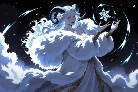 V4l3nt4in3, dramatic, demonic mature female, Elf, pointy ears, curved sheep horns, snowy hair, pale skin, closed fluffy fur coat, adorned by necklace, magic, (casts Snow magic, dynamic pose:1.2), ice jewelry, luxurious, elegant, embrase the darkness,
details, detailed, high detailed, intricate, dark fantasy, midnight, snowstorm surround, snowy wind, whirlwind, snowflakes surround, low_light, dark background, surreal, abstract art, <lora:Valentaine-Illustrious-000016:1>