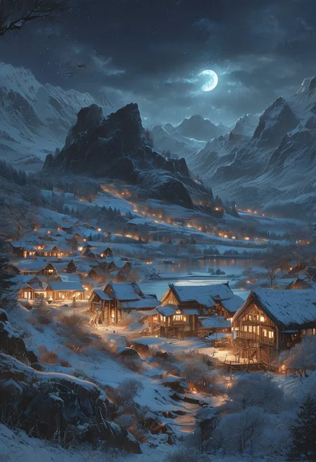 A captivating night scene illustration featuring a grand WOODEN viking long house standing tall on a large snowy hill overlooking a lake. The beautiful viking longhouse adorned with some windows, emits a warm glow, highlighting its incredible craftsmanship. The snowy hill is covered in great pine trees, reflecting on the calm, moonlit snow that mirrors the silvery moonlight. The full moon graces the sky, casting an ethereal glow on the clouds and mountain, while wispy clouds partially obscure its brilliance, adding to the scene's mystique. Twinkling stars dot the sky, creating a celestial tapestry that harmonizes with the moon's radiance. This enchanting artwork captures a serene and peaceful night, where the illuminated WOODEN viking longhouse stands resolute amidst the celestial beauty, creating a cinematic experience., illustration, cinematic
<lora:DonM3t3rn1tyXL-v1.1:0.7>, DonM3t3rn1tyXL,
OverallDetailXL <lora:MJ52:0.3> <lora:SDXLFaeTastic2400:0.4> <lora:EpicF4nta5yXL:0.7>