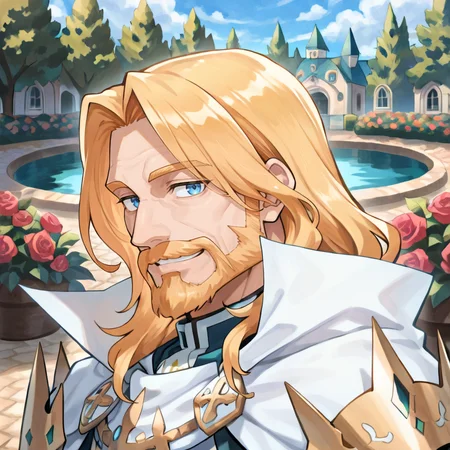 <lora:OrdeneIL:0.85> , ordedef, 1boy, blue eyes, blonde hair, long hair, facial hair, mustache, beard, white cape, collared cape, armor, pauldrons, ((portrait)), smile, exterior, garden, pond, courtyard, roses, flowers , old man, wrinkles, looking at viewer, solo, masterpiece, very aesthetic, absurdres, best quality, amazing quality, high resolution, newest, very awa, <lora:illustrious_quality_modifiers_masterpieces_v1:0.8> , <lora:ChamIllustriousBackgroundEnhancer:0.5>,  ((solo)),