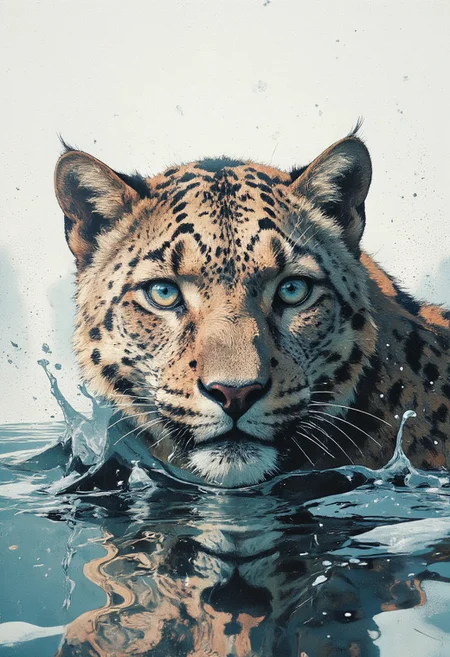 A majestic snow leopard with piercing icy blue eyes partially submerged in crystal-clear water, with only its head visible above the surface. The water gently ripples around its face, creating a soft splash effect. The leopard's fur is wet and slightly matted, glistening under a soft, bright light that creates a high-contrast, minimalist look. The background is clean and light, almost white, with a faint gradient to emphasize the serene, cold atmosphere