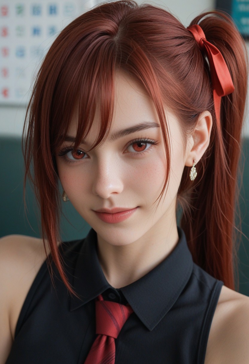 score_9_up, score_8_up, score_7_up, score_6_up, 1girl, 25 years old, perfect face, (adult), sexy, 
detailed face, portrait, face focus, depth of field, looking at viewer, blush, shy smile, close up,
red eyes, 
red hair, very long hair, side ponytail, single sidelock, hair between eyes, hair ribbon, earrings, 
black shirt, sleeveless, necktie, 
office