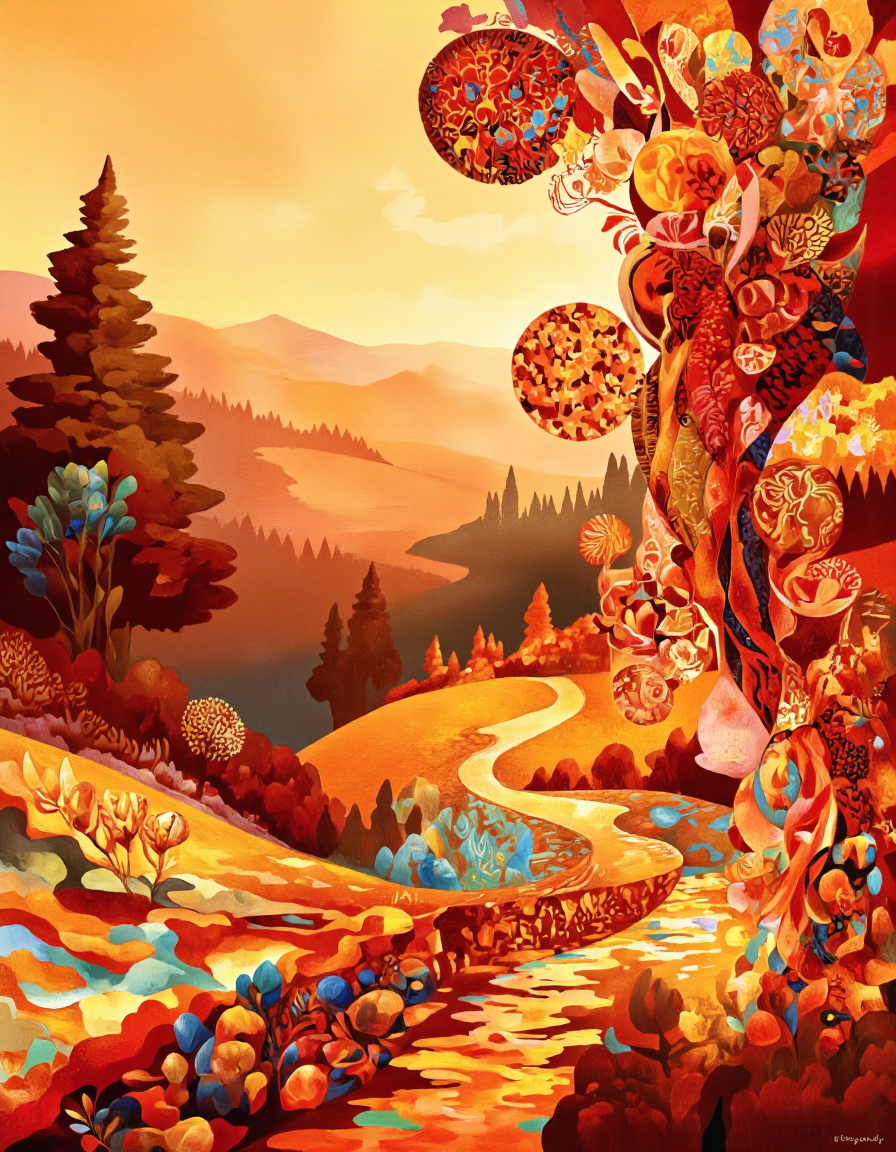 Art by Tigran Matulian. A vibrant and whimsical digital painting of a colorful landscape with a winding path in the center. The background features a serene landscape with rolling hills and a distant horizon, bathed in warm orange and yellow hues. The trees on the left side of the image are silhouetted against the sky, while the right side is filled with vibrant, abstract swirls and patterns in shades of red, orange, and yellow. The overall effect is one of tranquility and serenity, with the trees and flowers creating a sense of depth and dimensionality.