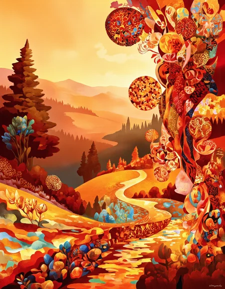 Art by Tigran Matulian. A vibrant and whimsical digital painting of a colorful landscape with a winding path in the center. The background features a serene landscape with rolling hills and a distant horizon, bathed in warm orange and yellow hues. The trees on the left side of the image are silhouetted against the sky, while the right side is filled with vibrant, abstract swirls and patterns in shades of red, orange, and yellow. The overall effect is one of tranquility and serenity, with the trees and flowers creating a sense of depth and dimensionality.
