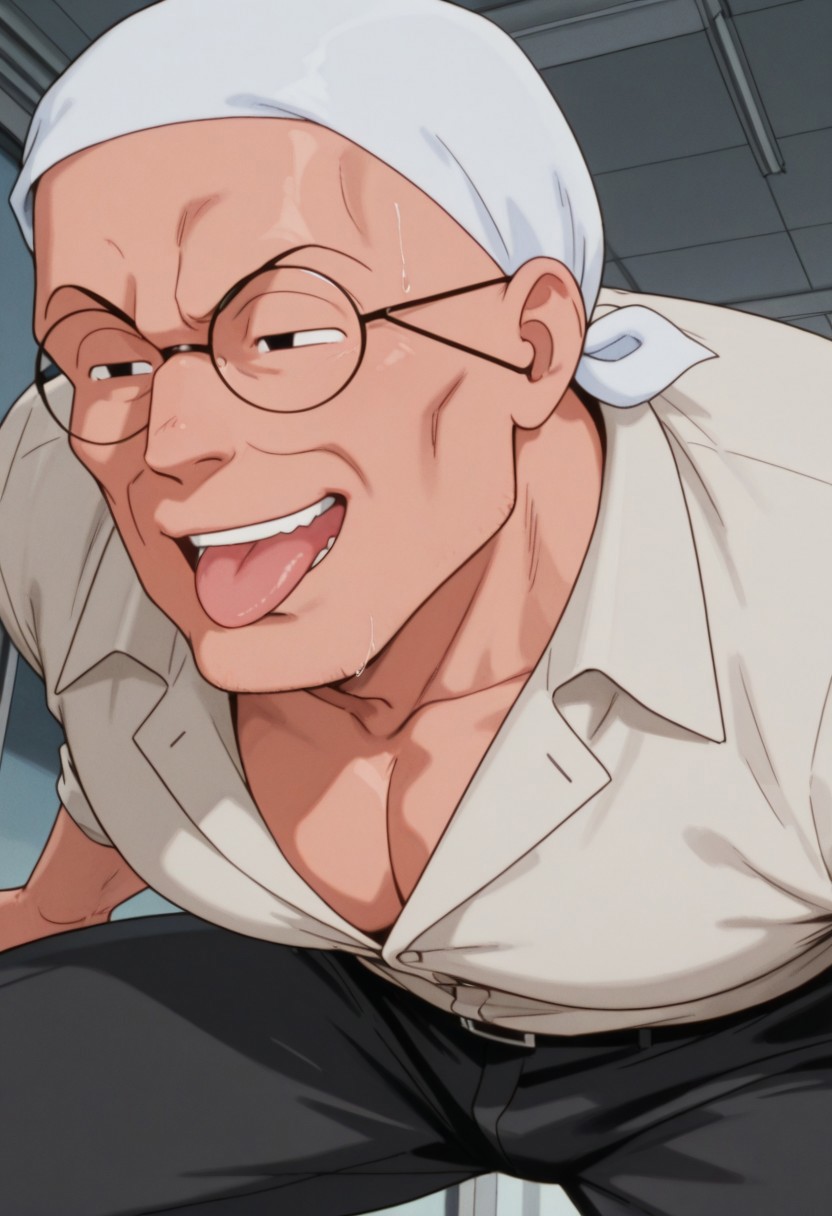 masterpiece, best quality, absurdres, newest, perfect quality, best quality, intricate details, BREAK, Saotome_Genma, Middle-aged man,  male focus, mature male, muscular, white cloth head wrap, glasses,, male focus, mature male, black eyes, ( detailed eyes:1.4), BREAK, close up), white office shirt, black pants, epic pose, sexy smile with tongue,
