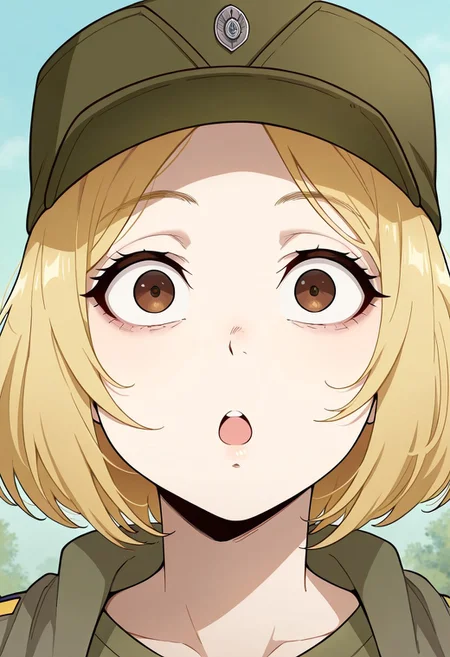 screencap, masterpiece, best quality, (Expressiveh),
1girl, solo female, marichka, blonde hair, short hair, brown eyes, military uniform, military hat, portrait, cute, beautiful, close up up close, close, looking at viewer, raised brows, surprised, wide eyes, :o face