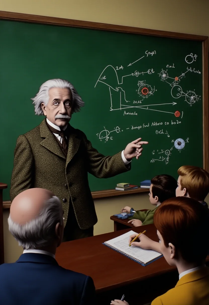 <lora:kft-montys-submarine-style:0.9>
The image is a vibrant, highly detailed kftcc style digital artwork featuring Albert Einstein teaching in front of a chalkboard in a classroom full of students