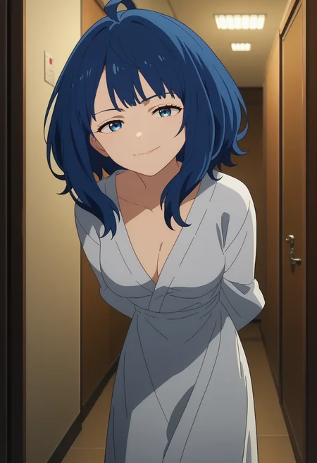 score_9, score_8_up, score_7_up, anime screencap, source_anime, 1girl, solo,
<lora:Anna_Yanami_Makeine_V2:.85>, KJOanna, blue hair, blue eyes, medium hair, ahoge,
white robe,
arms behind back, smirk, leaning forward, head tilt,
school, hallway, night, dark room,
(Beautiful, medium Breasts:1.2),