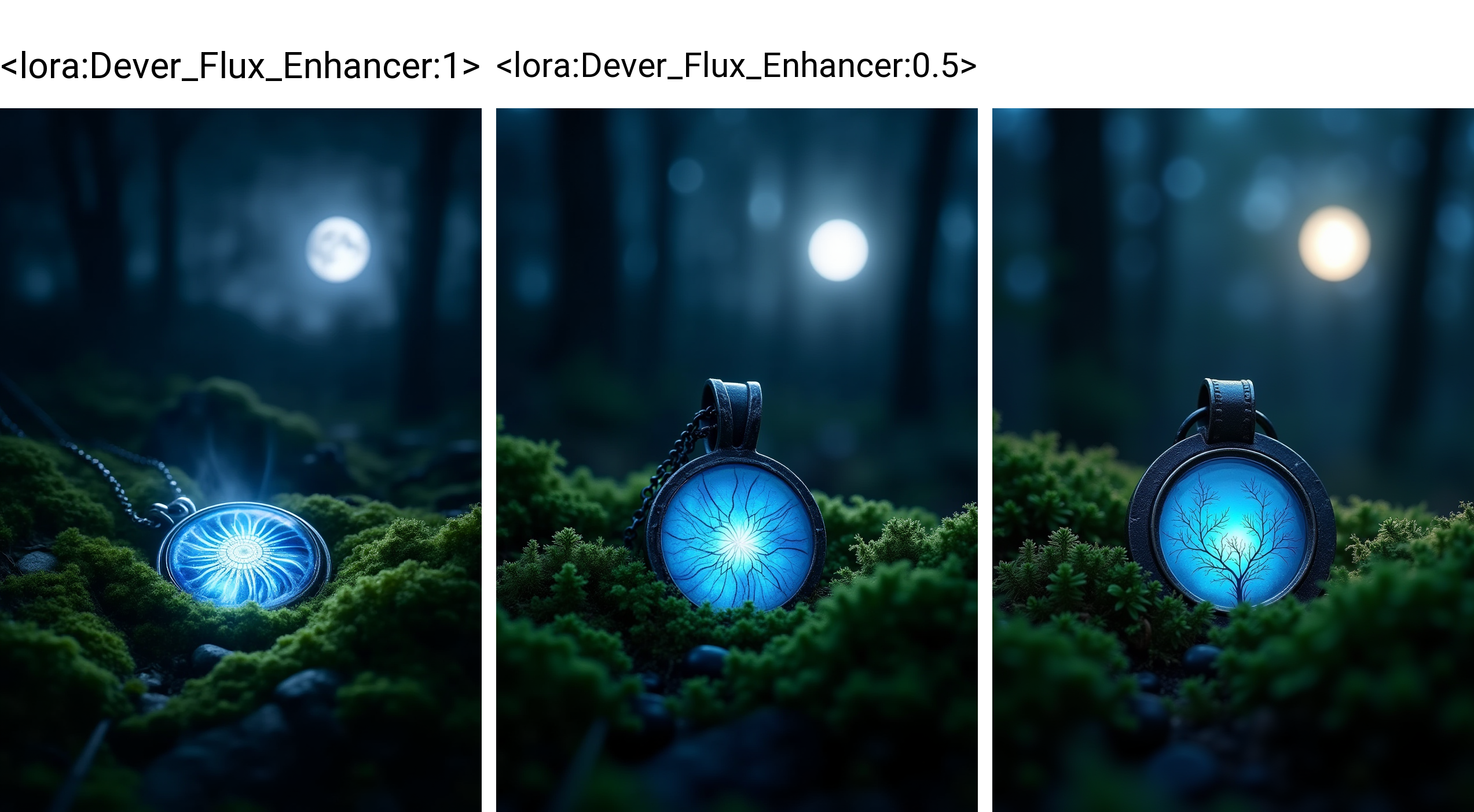 A close-up of an enchanted pendant lying on a bed of moss, under a full moon. The pendant glows with a soft blue light, casting mystical patterns on the moss around it 
<lora:Dever_Flux_Enhancer:1>