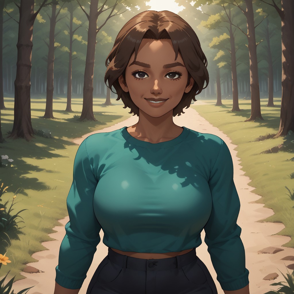 score_9, score_8, BREAK, solo, wii, mii, wii sports, 1girl, female mii, brown hair, black eyes, brown eyebrows, brown lips, lipstick, plump, dark skin, dark green clothing, black pants, shoes, nintendo mii, modern_mii, classic_mii, big breasts, Delilah_(Wii_Sports), sexy pose, self portrait, smile, outdoors, sunlight, shadows, evening lighting, natural lighting, forest, trees, grass, orange sky, sunset
