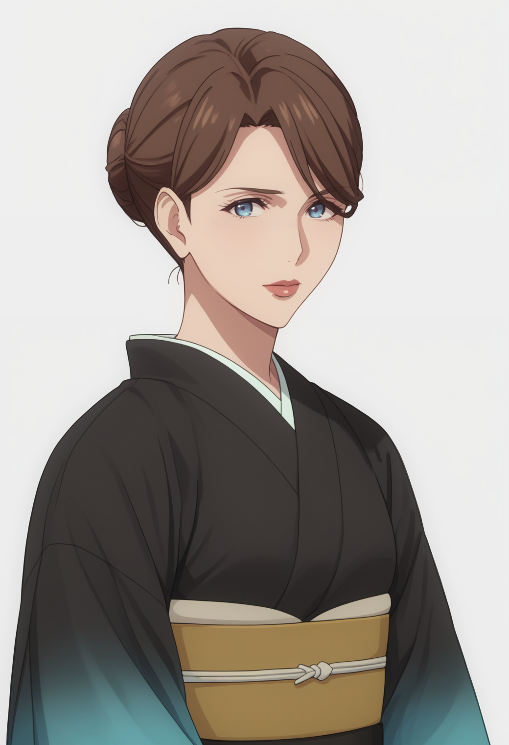 score_9, score_8_up, score_7_up, source_anime, white white background, looking at viewer,   BREAK, 1girl, solo,   <lora:DX888YumikaRaiha:1>,sakuraba yumika, brown hair, blue eyes, mature female, hair bun,  black kimono, lips