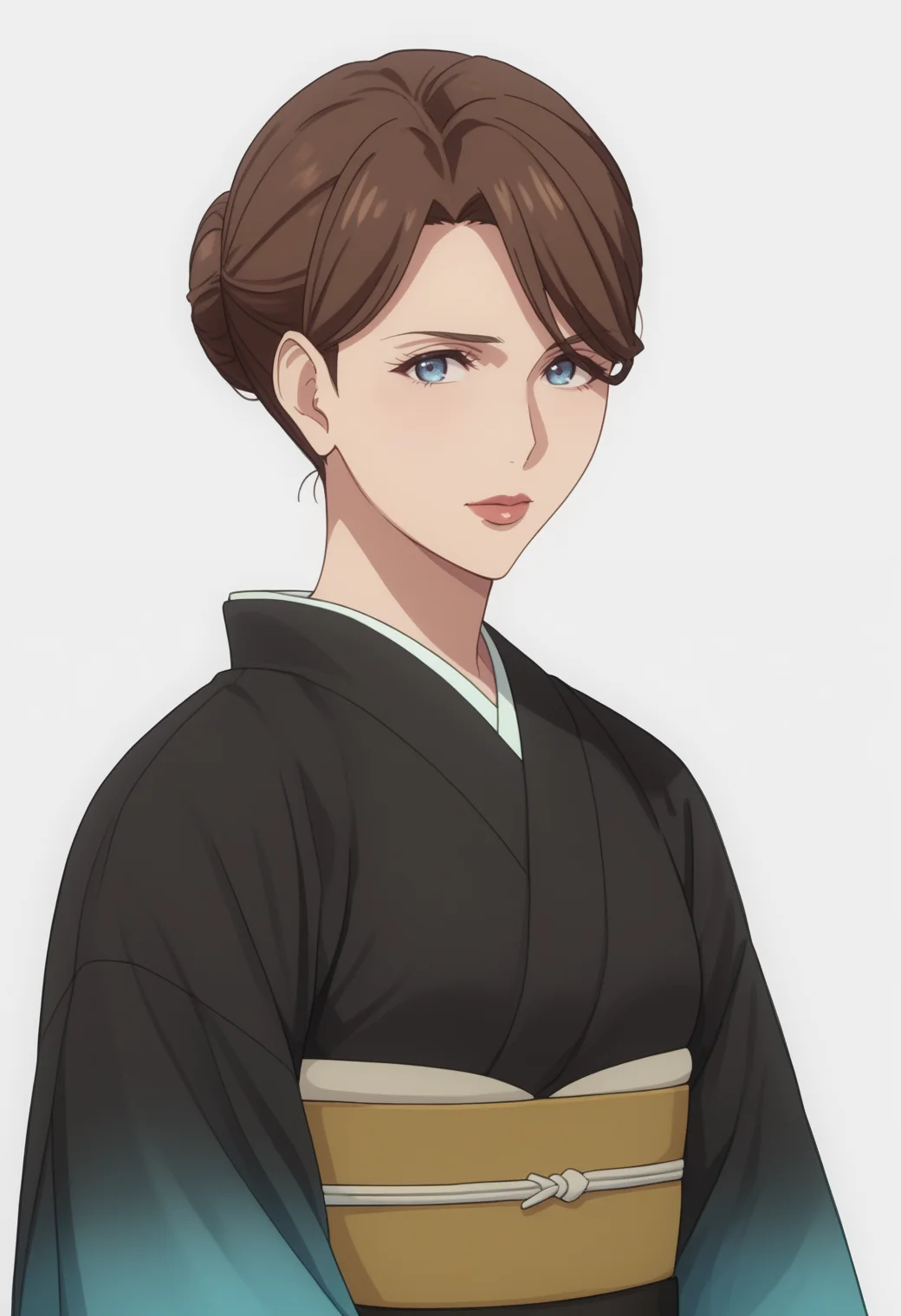 score_9, score_8_up, score_7_up, source_anime, white white background, looking at viewer, BREAK, 1girl, solo, <lora:DX888YumikaRaiha:1>,sakuraba yumika, brown hair, blue eyes, mature female, hair bun, black kimono, lips
