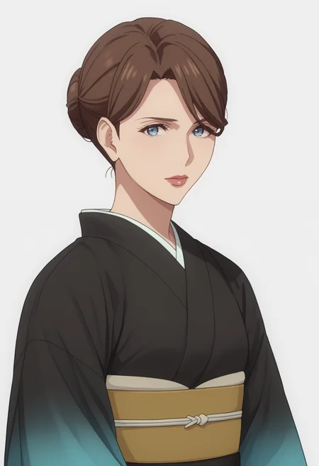 score_9, score_8_up, score_7_up, source_anime, white white background, looking at viewer, BREAK, 1girl, solo, <lora:DX888YumikaRaiha:1>,sakuraba yumika, brown hair, blue eyes, mature female, hair bun, black kimono, lips