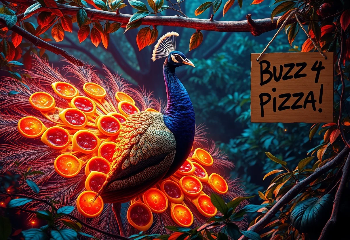 "A hyper-realistic, surreal portrait of a peacock in a vibrant, techno-infused natural setting. The peacock’s tail is a mesmerizing fusion of nature and artificiality, made entirely of pizza slices with glowing, neon edges. The eyespots on the tail feathers are represented by holographic salami slices that pulse with digital light patterns, giving off a futuristic vibe. The peacock’s feathers have metallic sheens and circuitry patterns subtly integrated into the design, blurring the line between organic and synthetic. In the background, a cardboard sign hangs from a nearby branch with the words 'Buzz 4 Pizza!' scrawled in bold, graffiti-style text. The environment is a chaotic mix of lush greenery and digital glitch effects, with pixelated leaves and flickering lights. The image captures a wild, dystopian mockery of nature, with hyper-detailed textures and dramatic lighting that accentuates the bizarre fusion of the natural and technological elements."