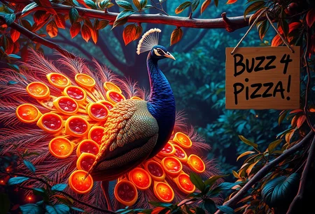 "A hyper-realistic, surreal portrait of a peacock in a vibrant, techno-infused natural setting. The peacockâs tail is a mesmerizing fusion of nature and artificiality, made entirely of pizza slices with glowing, neon edges. The eyespots on the tail feathers are represented by holographic salami slices that pulse with digital light patterns, giving off a futuristic vibe. The peacockâs feathers have metallic sheens and circuitry patterns subtly integrated into the design, blurring the line between organic and synthetic. In the background, a cardboard sign hangs from a nearby branch with the words 'Buzz 4 Pizza!' scrawled in bold, graffiti-style text. The environment is a chaotic mix of lush greenery and digital glitch effects, with pixelated leaves and flickering lights. The image captures a wild, dystopian mockery of nature, with hyper-detailed textures and dramatic lighting that accentuates the bizarre fusion of the natural and technological elements."