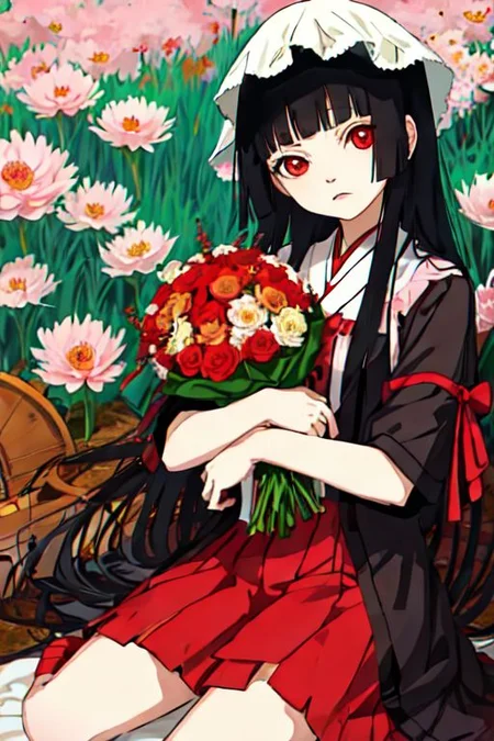 enma_ai ((short sleeves)), girl1, bangs, black hair, long hair, gothic clothes, sad, bonnet, holding_bouquet, flower field, spring