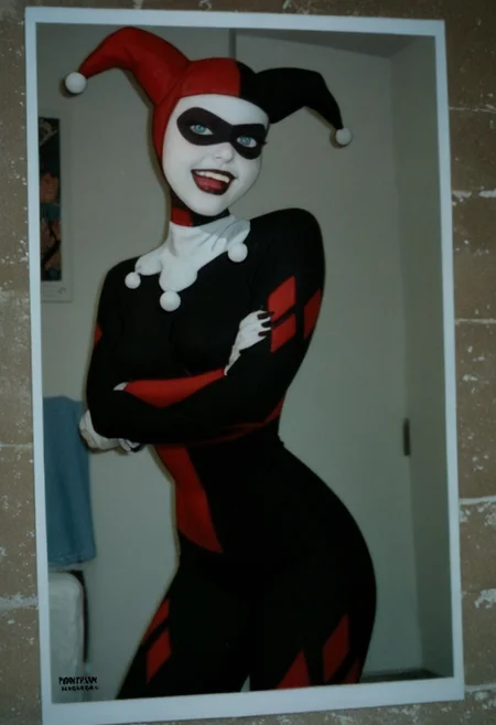 score_9, score_8_up, score_7_up, Polaroid photography , Polaroid style, over exposed style, pinup girl pose, Expressive, realistic, extremely attractive woman, 1girl, jester cap, black mask, pale white skin, black lips, white collar, har1992, black and red suit, blue eyes without pupils flirting, dynamic sexy pose, messy dorm room, bad photo composition, accidental photo, Reddit, amateur, raw, traditional media, poorly framed, out of focus , looking at viewer, laughing
BREAK
dramatic angle, unique perspective, unique angle,
