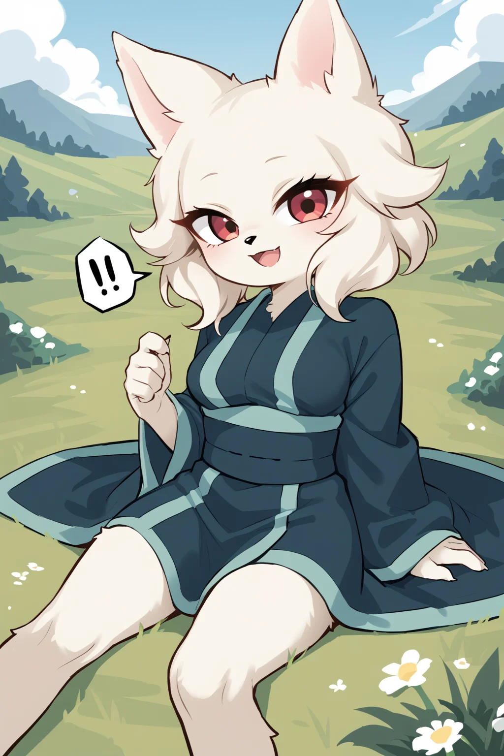score_9, score_8_up, score_7_up, score_4_up, score_5_up, score_6_up, source_anime, <lora:Heng_Nine_Sols:0.7>, furry, anthro, body fur, white fur, fluffy fur, animal nose, large eyes, narrowed eyes, long eyelashes,  animal ears, medium breasts, grass, looking at viewer
skindentation, kimono, robe, cloak,
(surprise, (laughing giggling chortling:1.1) , open mouth, ),