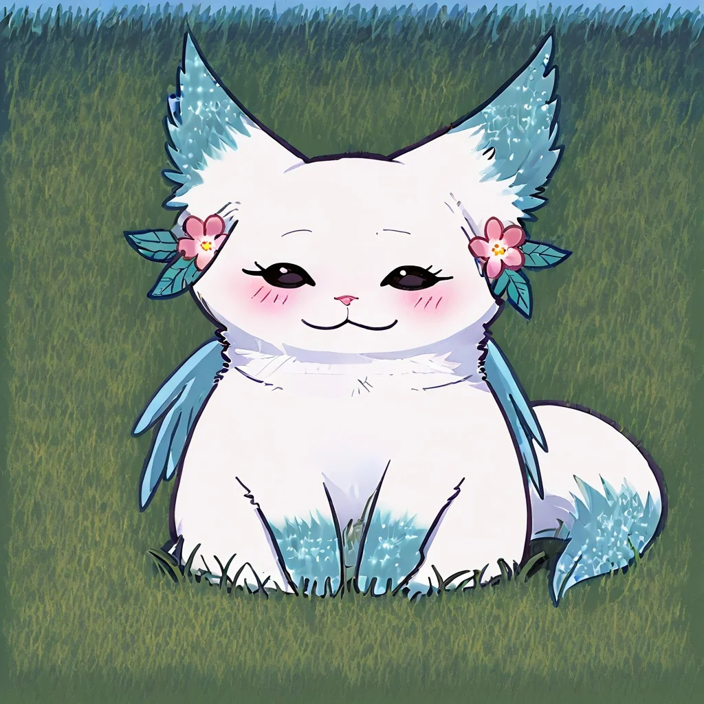 Minto, white fur, black sclera, black eyes, pink nose, paws, tail, turquoise edges at the ears, full body, outdoors, sitting on grass
