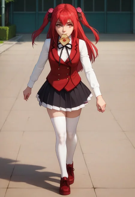 score_9, score_8_up, score_7_up, score_6_up, high definition, realistic, full body, beautiful face, perfect eyes, amelia_rose, red hair, red eyes, school uniform, white thighhighs, toast in mouth, panic, running on sidewalk