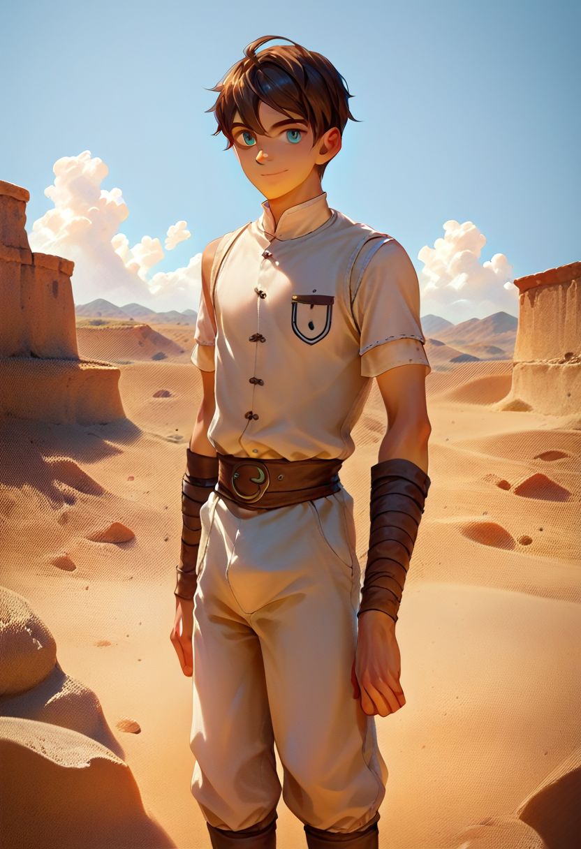 score_9, score_8_up, score_8_up, 1boy, handsome twink, (slim:1.2), masterpiece, brown hair, cyan eyes, medieval clothing, medieval pants, medieval shirt, detailed cloth clothing, detailed background, flat desert background, sandy desert, standing up, seto, neutral expression, light smile, light tan