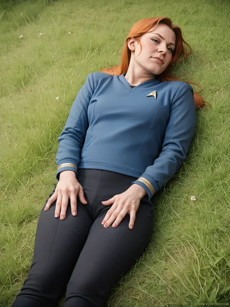 score_9, score_8_up, score_7_up, score_6_up, score_5_up,zPDXL2,woman in star trek blue uniform, in stsnwunf,long sleeves,black pants,lying on a grass<lora:ponySNW:0.8>