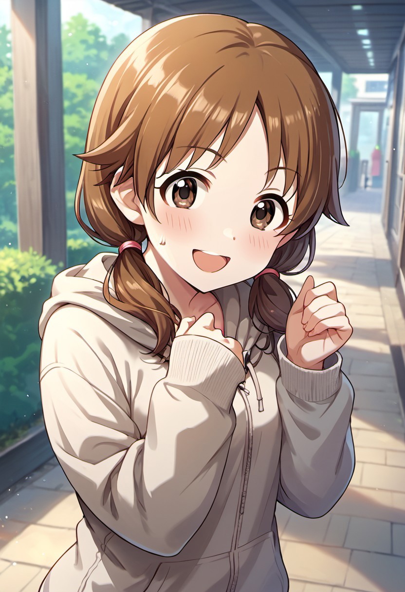 score_9, score_8_up, score_7_up, source_anime,katagiri sanae, brown hair, brown eyes, low twintails, 1girl, solo, twintails, open mouth, smile, looking at viewer, blush, short twintails, hood, :d, sweatdrop, hoodie