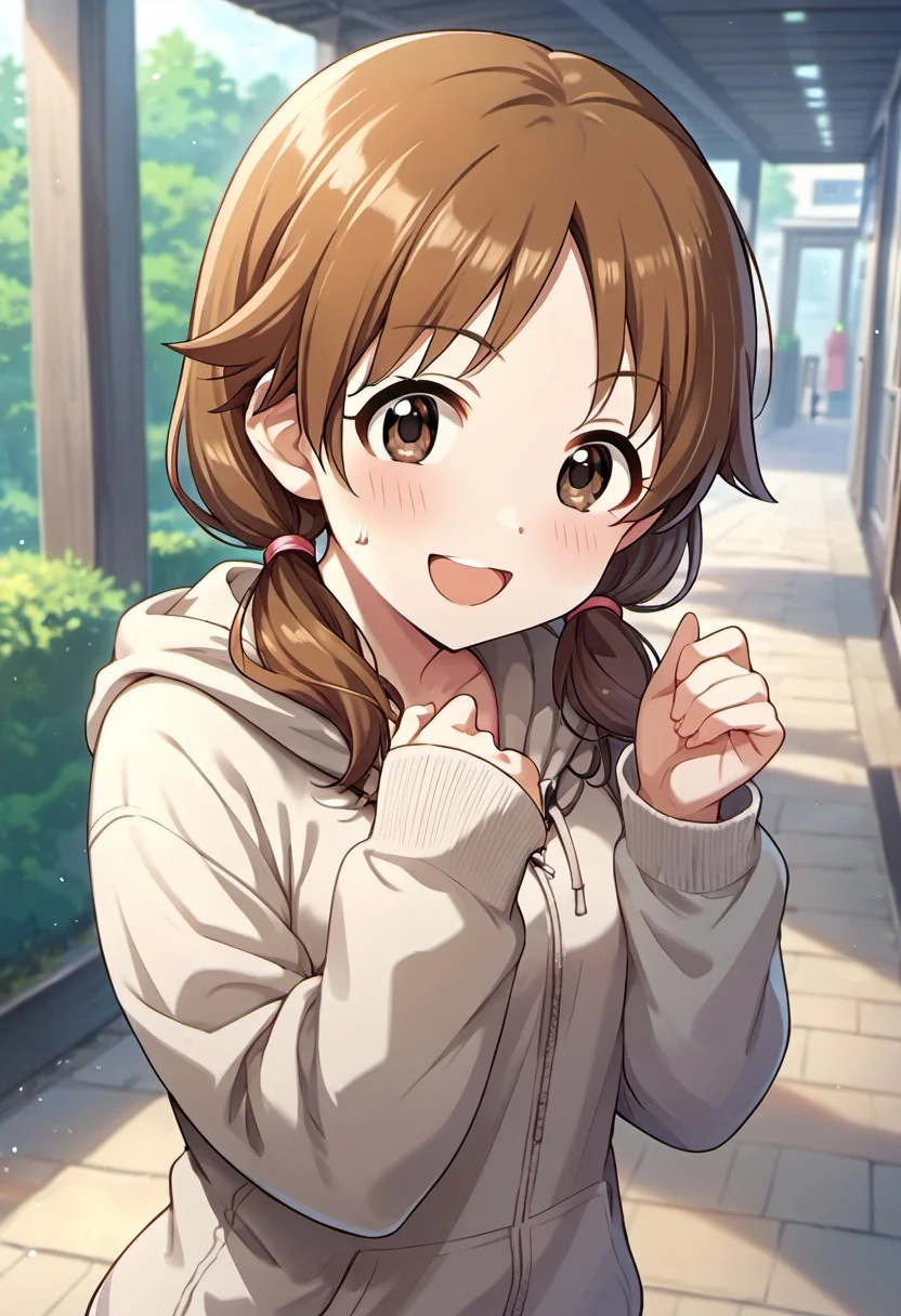 score_9, score_8_up, score_7_up, source_anime,katagiri sanae, brown hair, brown eyes, low twintails, 1girl, solo, twintails, open mouth, smile, looking at viewer, blush, short twintails, hood, :d, sweatdrop, hoodie