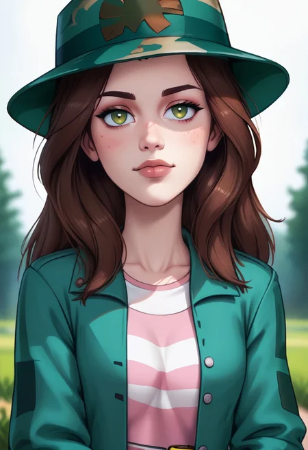score_9, score_8_up, score_7_up, score_6_up, PRSNL_3_1, uncensored, pupils black dots, lips,
upper body, best quality, masterpiece, 4k, realistic, warm light,
LeafPony, leaf (pokemon), long hair, brown hair, brown eyes,
green headwear, camouflage headwear, long sleeves, jacket, green jacket, open clothes, sleeves past wrists, pink dress, bike shorts, shoes, black footwear,