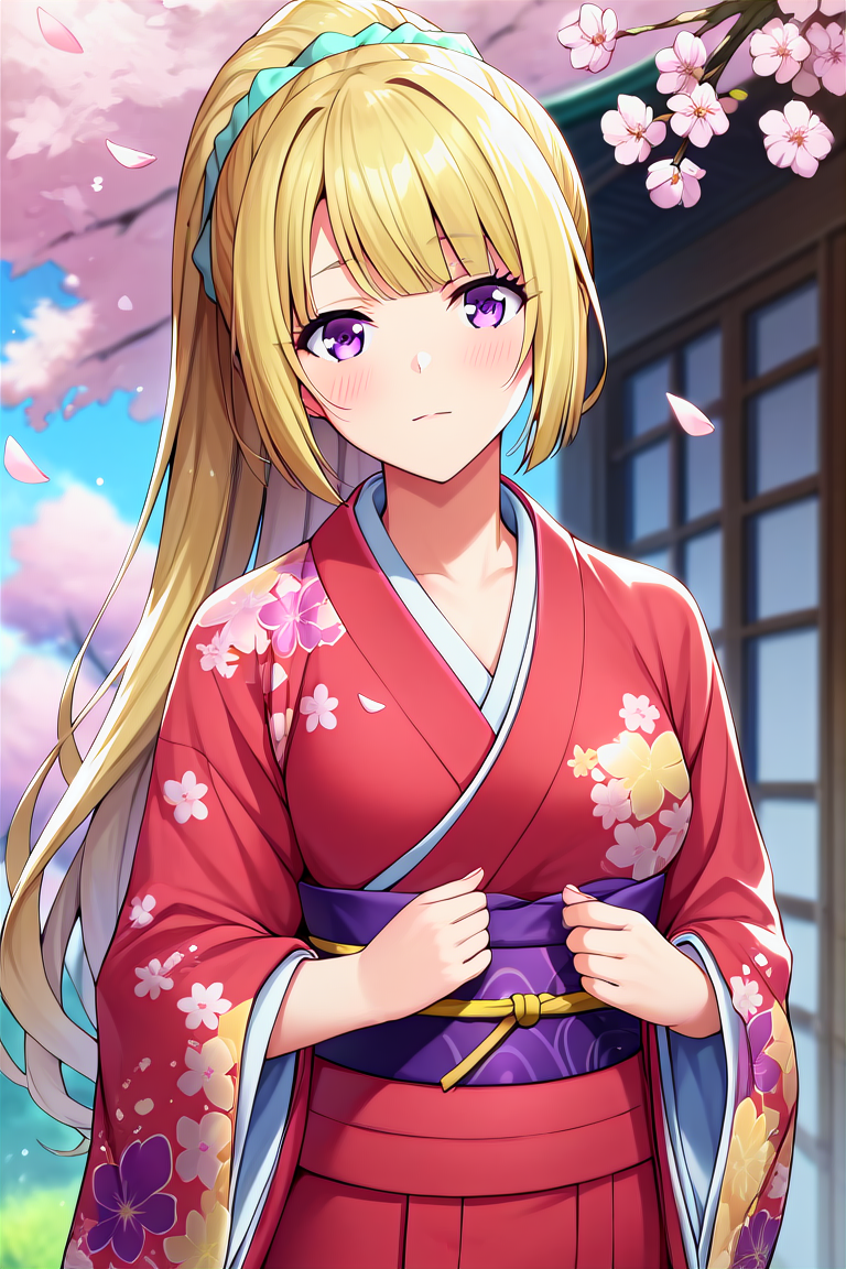 score_9, score_8_up, score_7_up, score_6_up, score_5_up, score_4_up, rating_questionable, , source_anime, digital illustration, pixiv, fanbox, uncensored, , BREAK, official art, 
1girl, , female, kei karuizawa, yellow hair, long hair, ponytail,  scrunchie, purple eyes, 
kimono, floral print, japanese clothes, japanese background, cherry blossoms,  outdoors, , blush, looking at viewer, colorful, vivid <lora:Kei_Karuizawa_Pony-000009:0.9>